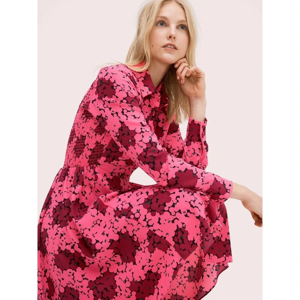 Kate Spade New York Bubble Dot Smocked Shirt Dress Rhubarb Jam Pink Size 0